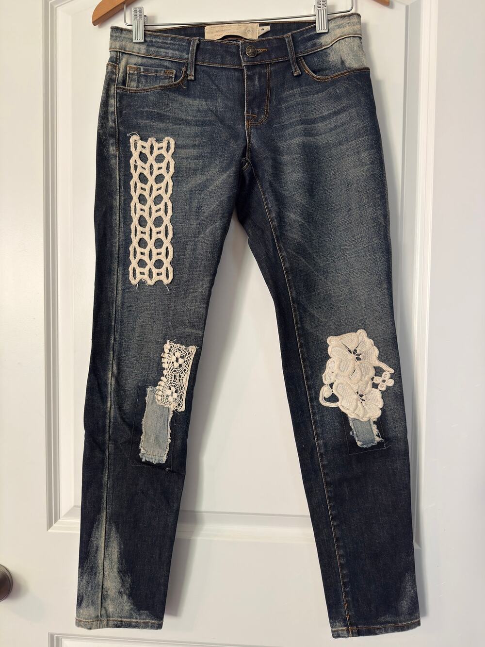 Free People x Artisan De Luxe Lace Patchwork Skinny Jeans Distressed Boho 26